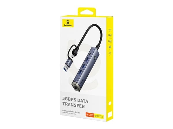 Baseus UltraJoy, USB 3.2 Gen 1 (3.1 Gen 1) Type-A + Type-C, RJ-45, USB 3.0, USB Type-C, 5000 Mbit/s, Grå, Akrylonitril-butadien-styren (ABS), Alumini