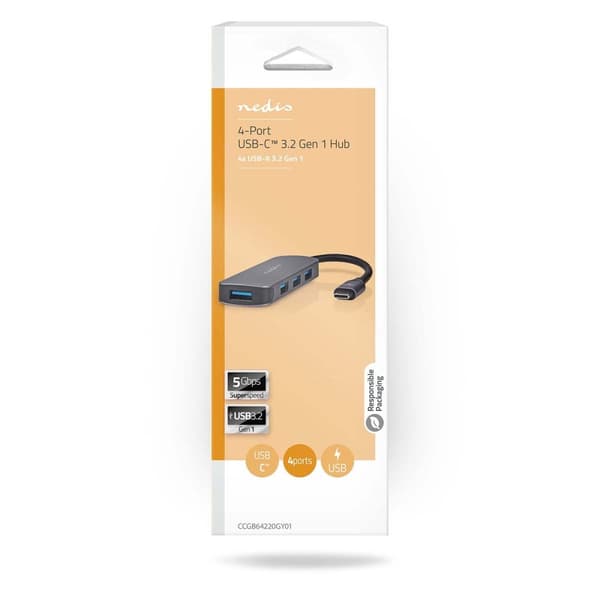 Nedis USB-keskitin | 1x USB-C™ | 4x USB A Female | 4-Porttinen port(s) | USB 3.2 Gen 1 | USB Virta | 5 Gbps