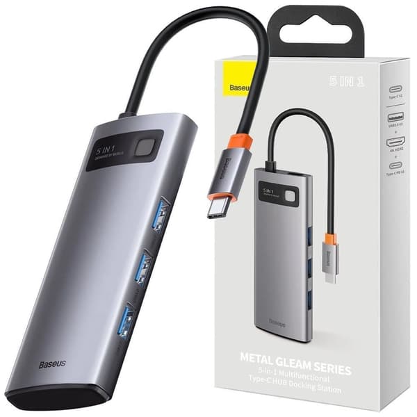 Baseus Metal Gleam 5in1 multifunksjon USB Type C Hub - USB Type C Strømforsyning 100 W / HDMI 4K 30 Hz / 3x USB 3.2 Gen 1 Grå (CAHUB-CX0G)