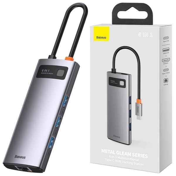 Baseus Metal Gleam 6in1 multifunksjonell USB Type C-hub - USB Type C-strømforsyning 100 W / HDMI 4K 30 Hz / 3x USB 3.2 Gen 1 / RJ45 1 Gbps grå (CA