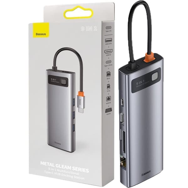Baseus Metal Gleam 9in1 multifunksjonell USB Type C Hub - 3x USB 3.2 Gen 1 5Gbps / USB Type C PD 100W / VGA Full HD 60Hz / HDMI 4K 30Hz / TF j