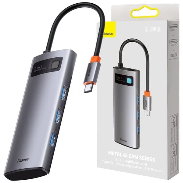 Baseus Metal Gleam-serien multifunksjonell USB-HUB 5in1 USB Type C PD 100W HDMI grå (WKWG020013)