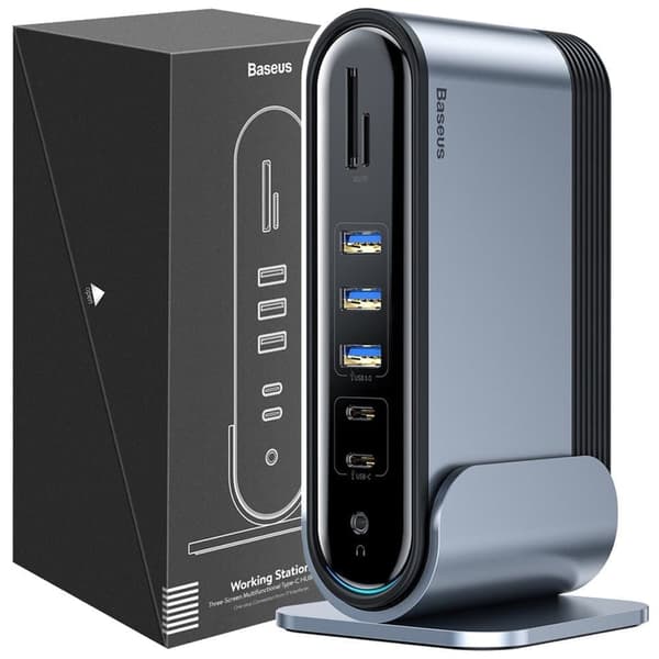 Baseus multifunksjonell HUB 3x USB 3.2 Gen 1 / 2x USB 2.0 / 2x USB Type C / SD og micro SD-kortleser / AUX / 3x HDMI / RJ45 1Gbps Strømforsyning 10