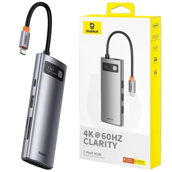 HUB 7in1 Baseus Metal Gleam Series USB-C - USB-C PD / 3x USB-A / HDMI / SD TF - grå
