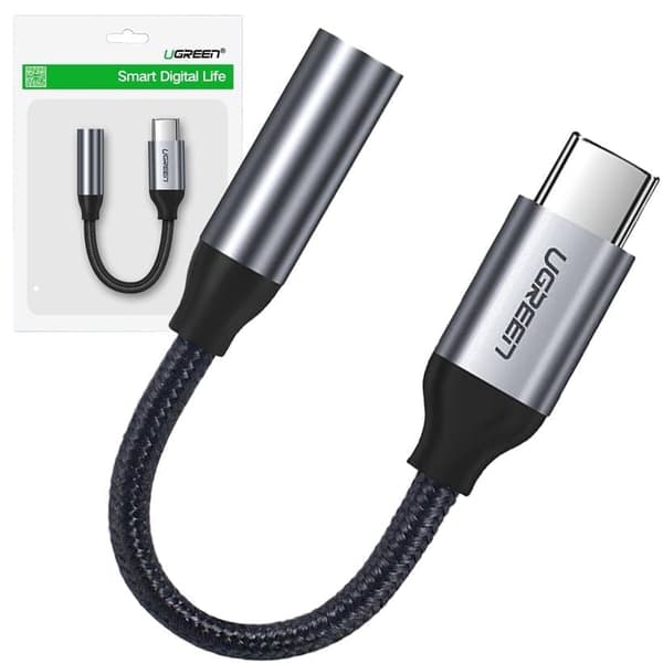Ugrønn hodetelefonadapter med 3,5 mm miniplugg til USB Type C 10 cm grå (30632)