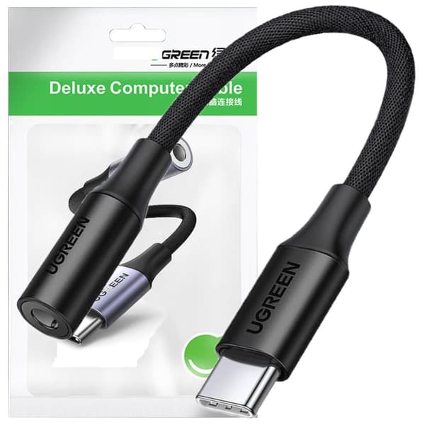 Ugrønn hodetelefonadapter med 3,5 mm miniplugg til USB Type C 10 cm svart (AV161 50631)