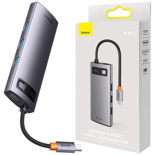 Baseus StarJoy HUB 6in1 USB Type C - 3x USB / HDMI / RJ45 (1 Gbps) / USB Type C PD grå (WKWG080013)