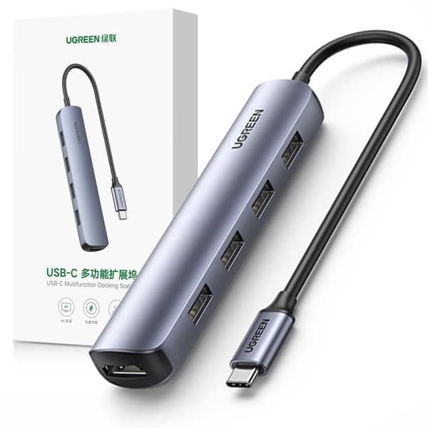 Ugreen 6-i-1 multifunksjons USB Type C Hub - 3x USB 3.2 Gen 1 / HDMI 4K 60Hz / SD- og TF-kortleser Grå (60383 CM511)
