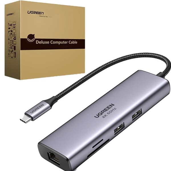 Ugreen 7-i-1 multifunksjons USB Type C Hub - 2x USB 3.2 Gen 1 / HDMI 4K 60Hz / SD- og TF-kortleser / USB Type C PD 100W / RJ45 1000Mbps (1