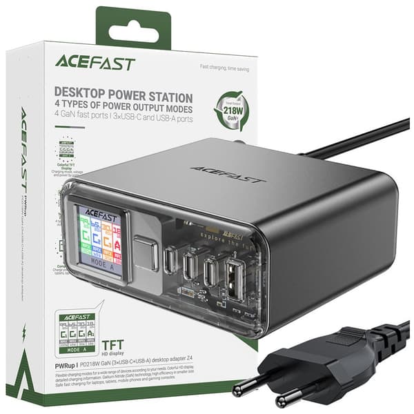 Acefast Z4 PD 218W GaN 3 x USB-C + USB-A multifunksjonsadapter med 4 porter - grå