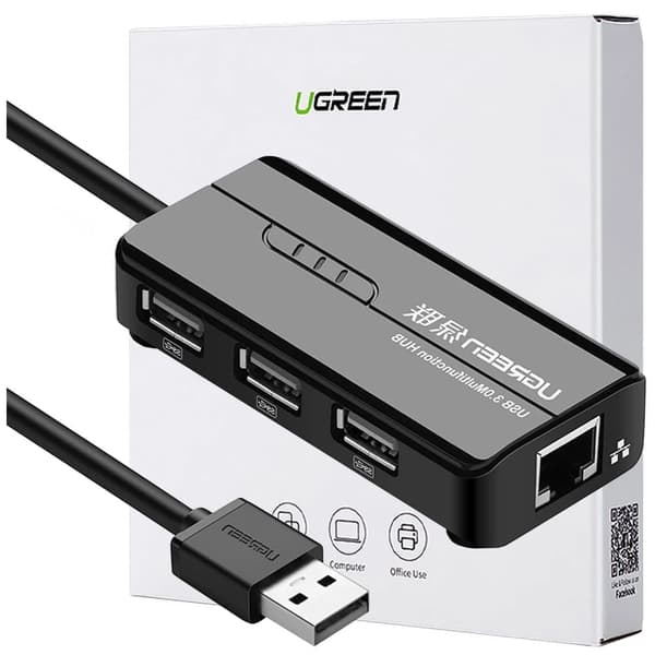 Ugreen 20264 RJ45 / USB-A 10/100 Mbps HUB nettverksadapter 3x USB-A 2.0 - svart