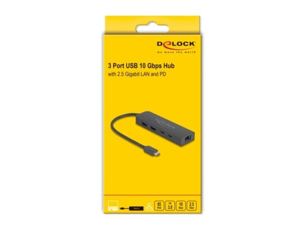 DeLOCK 64110, USB 3.2 Gen 2 (3.1 Gen 2) Type-C, RJ-45, USB 3.2 Gen 2 (3.1 Gen 2) Type-A, USB 3.2 Gen 2 (3.1 Gen 2) Type-C, 10000 Mbit/s, Svart, 85 W,