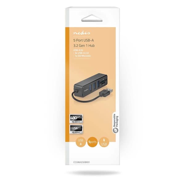 Nedis USB-hubb | 1x USB-A | 3x USB A hona | 5-Port port(s) | USB 2.0 | USB ström | SD & MicroSD