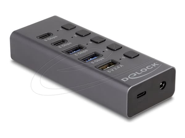 Delock - Hubb - 5 Gbps, 1 snabb laddningsport, + switch - 3 x USB + 2 x USB-C - skrivbordsmodell