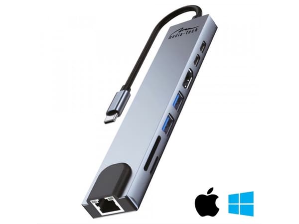 Media-Tech 8-in-one GIGA LAN HUB - USB-C telakointiasema. Portit: 1xRJ45 (1000 Mbps), 1xUSB-A 3.0, 1xUSB-A 2.0, 1x USB-C PD 20V@5A max 100 W, HDMI 4K