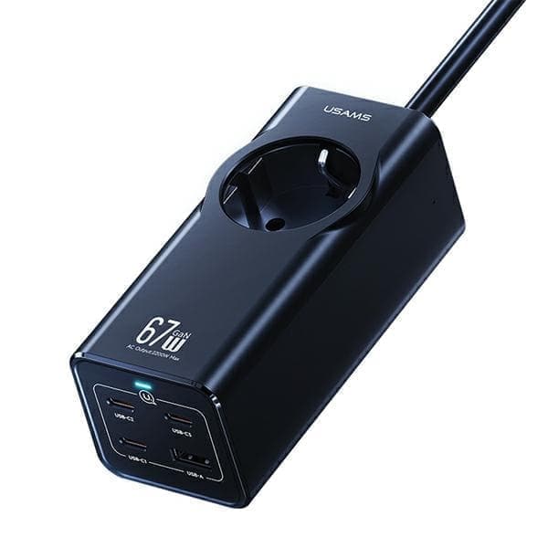 USAMS Virtanauha 67W 3x USB-C + USB-pikalatausjatkokaapeli EU musta/musta CC225TC01 (US-CC225)
