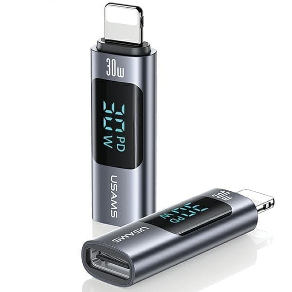 USAMS-sovitin AU18 USB-C – Lightning Digital Display 30W teräs/alumiini SJ681LN01 (US-SJ681)