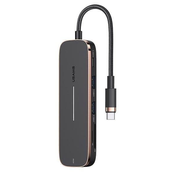 USAMS-sovitinkeskitin 2xUSB + USB-C + HDMI + Micro SD+SD musta/musta SJ575HUB01 (US-SJ575)