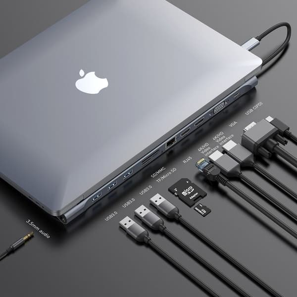 Baseus Enjoyment -sarjan monitoiminen Type-C älykäs HD HUB (PD/HD4K*2/VGA/RJ45/SD/TF/USB*3/Audio*1/teline)Tummanharmaa