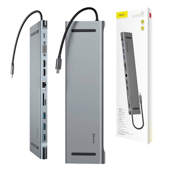 Baseus Enjoyment -sarjan monitoiminen Type-C älykäs HD HUB (PD/HD4K*2/VGA/RJ45/SD/TF/USB*3/Audio*1/teline)Tummanharmaa