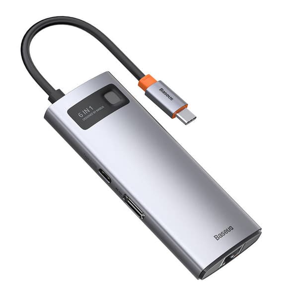 Keskitin 6in1 Baseus Metal Gleam -sarja, USB-C - 3x USB 3.0 + HDMI + USB-C PD + Ethernet RJ45