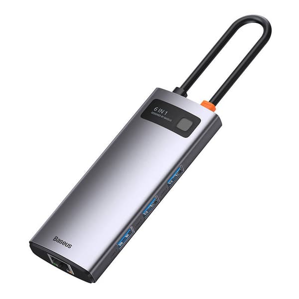 Keskitin 6in1 Baseus Metal Gleam -sarja, USB-C - 3x USB 3.0 + HDMI + USB-C PD + Ethernet RJ45