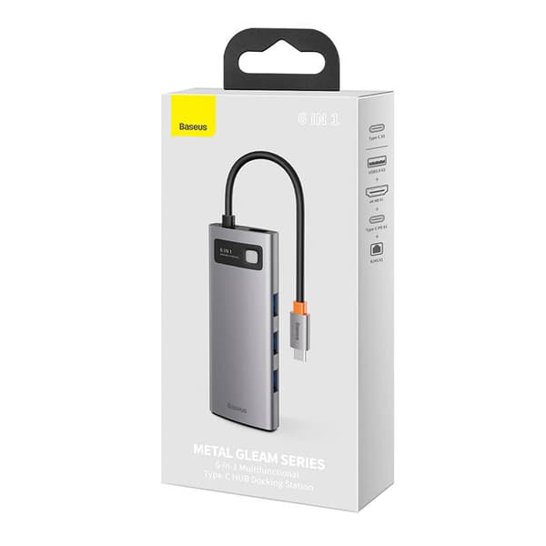 Keskitin 6in1 Baseus Metal Gleam -sarja, USB-C - 3x USB 3.0 + HDMI + USB-C PD + Ethernet RJ45