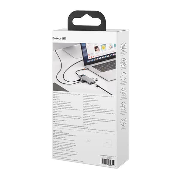 Keskitin 6in1 Baseus Metal Gleam -sarja, USB-C - 3x USB 3.0 + HDMI + USB-C PD + Ethernet RJ45