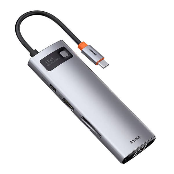 Hub 8in1 Baseus Metal Gleam Series, USB-C til 3x USB 3.0 + HDMI + USB-C PD + Ethernet RJ45 + microSD/SD