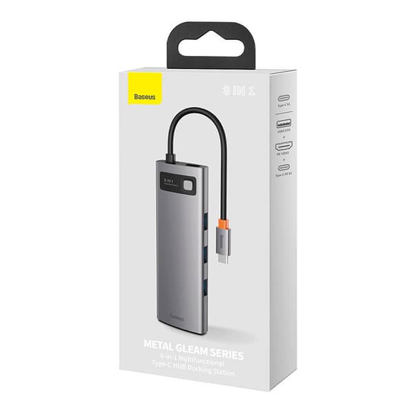 Hub 8in1 Baseus Metal Gleam Series, USB-C til 3x USB 3.0 + HDMI + USB-C PD + Ethernet RJ45 + microSD/SD