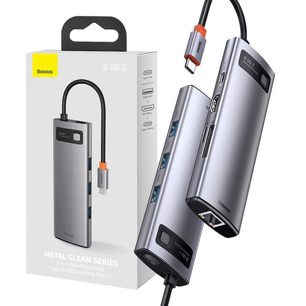 Hub 8in1 Baseus Metal Gleam Series, USB-C til 3x USB 3.0 + HDMI + USB-C PD + Ethernet RJ45 + microSD/SD
