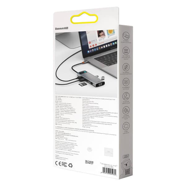 Keskitin 9in1 Baseus Metal Gleam -sarja, USB-C - 3x USB 3.0 + HDMI + USB-C PD + Ethernet RJ45 + microSD/SD + VGA