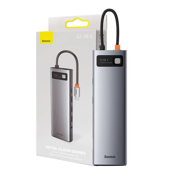 Hub 11in1 Baseus Metal Gleam Series, USB-C til 3x USB 3.0 + 2x HDMI + USB-C PD + Ethernet RJ45 + microSD/SD + VGA + AUX