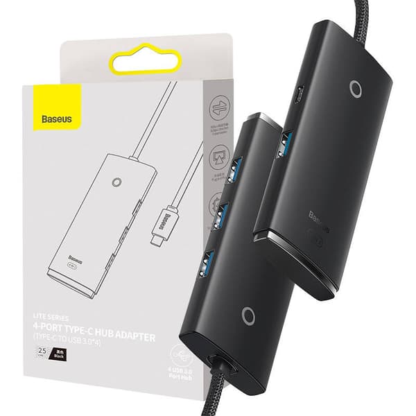 Baseus Lite Series Hub 4in1 USB-C till 4x USB 3.0 + USB-C, 25cm (svart)