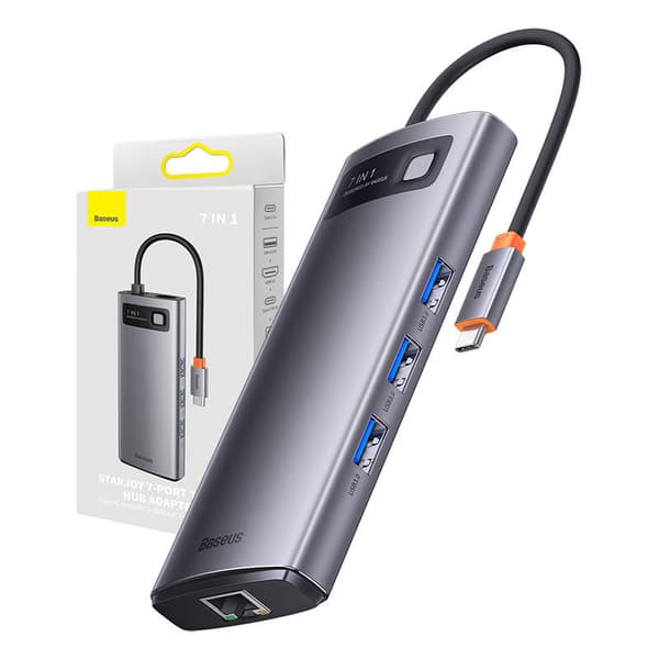 Hub 7in1 Baseus Metal Gleam Series, USB-C til 3x USB 3.0 + 2x HDMI + USB-C PD + Ethernet RJ45