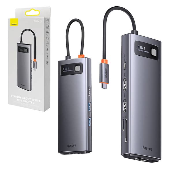 Hub 9in1 Baseus Metal Gleam Series, USB-C - 2x USB 3.0 + 2x HDMI + USB 2.0 + USB-C PD + Ethernet RJ45 + microSD/SD