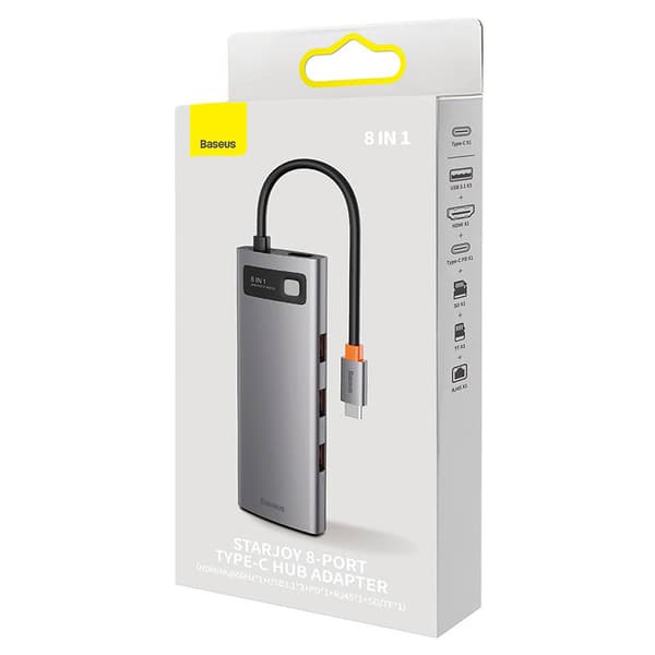 Hub 8in1 Baseus StarJoy Series, USB-C til 3x USB 3.1 + HDMI + USB-C PD + RJ45 + microSD/SD