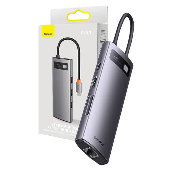 Hub 8in1 Baseus StarJoy Series, USB-C til 3x USB 3.1 + HDMI + USB-C PD + RJ45 + microSD/SD