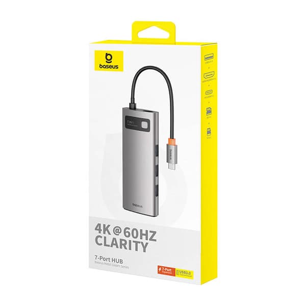 Hub 7in1 Baseus Gleam, USB-C till 1x HDMI4K 60Hz + 3x USB3.0 + 1x PD + 1x SD/TF (grå)