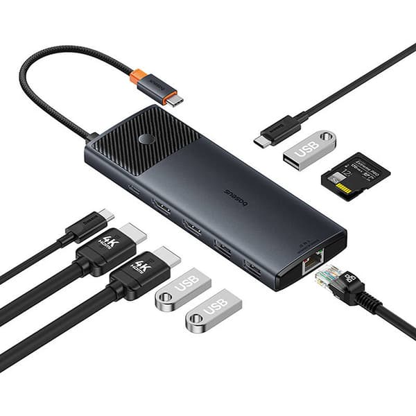 Adapter Hub 10in1 Baseus USB-C - 2xHDMI, 3xUSB-A, USB-C, RJ45, SD/TF, PD (musta)