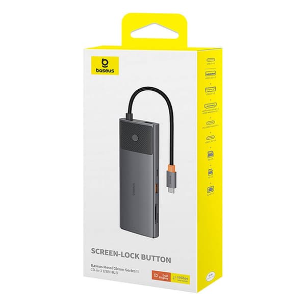 Adapter Hub 10in1 Baseus USB-C - 2xHDMI, 3xUSB-A, USB-C, RJ45, SD/TF, PD (musta)