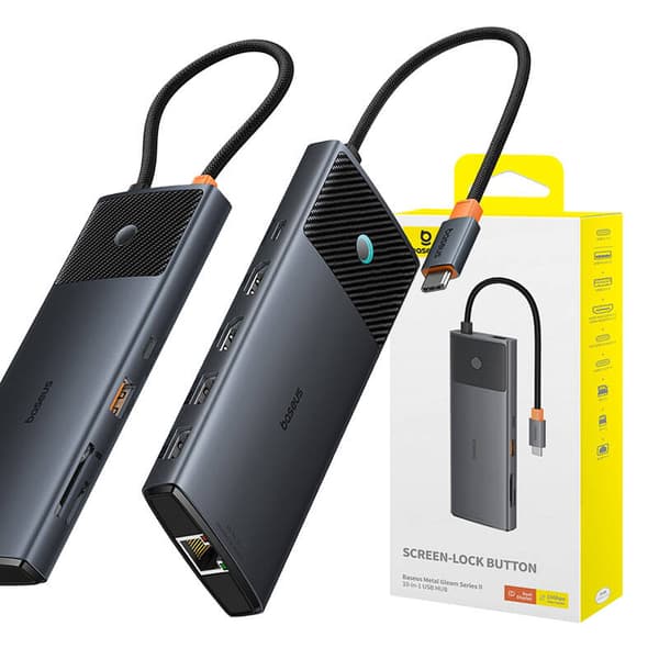 Adapter Hub 10in1 Baseus USB-C - 2xHDMI, 3xUSB-A, USB-C, RJ45, SD/TF, PD (musta)