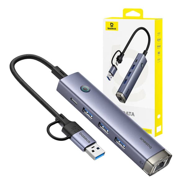 Hub 4in1 Baseus UltraJoy USB-A&USB-C till 3xUSB3.0+USB-C+RJ45 (grå)