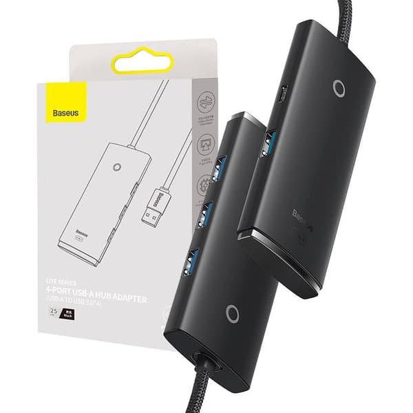 Baseus Lite Series Hub 4-i-1 USB til 4x USB 3.0, 25 cm (sort)