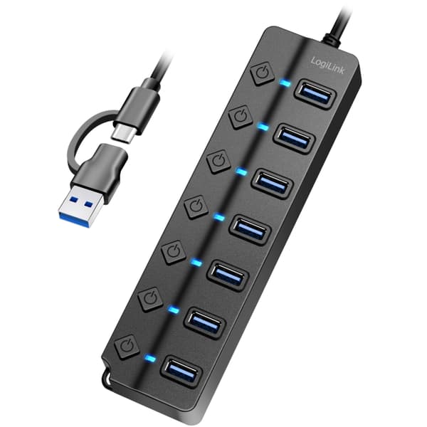 LogiLink USB-hub med 7 porter og separate på/av-knapper USB-C/USB-A i USB 3.2 Gen1