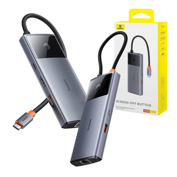 Hub 6in1 Baseus Metal Gleam 2-serien, USB-C till 2xUSB 3.0 +USB-C + HDMI + USB-C PD + Ethernet RJ45