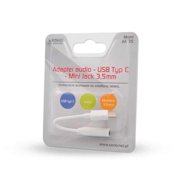 SAVIO USB Type 3.1 C (M) – Jack 3,5 mm (F) lydadapter Hvid AK-35