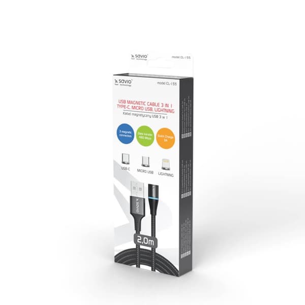 Savio CL-155 USB-kaapeli 2 m USB 2.0 USB C Micro USB A/Lightning musta