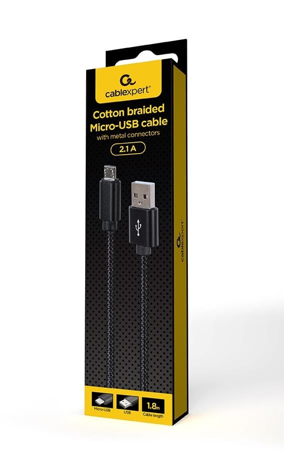 Gembird CCDB-mUSB2B-AMBM-6 Bomullsflätad Micro-USB-kabel med metallkontakter, 1,8 m, svart