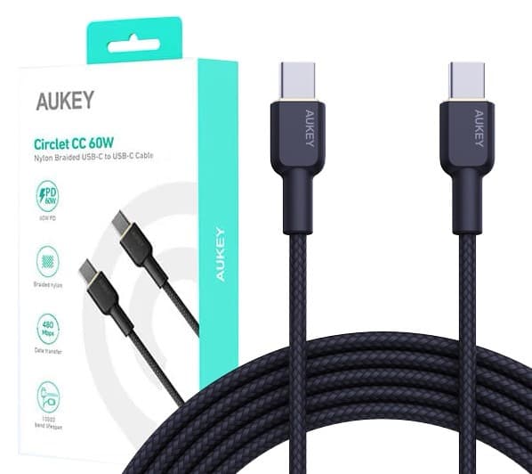 AUKEY CB-NCC2 USB-C Typ-C Strömförsörjning PD 60W 3A 1,8m Nylon Svart